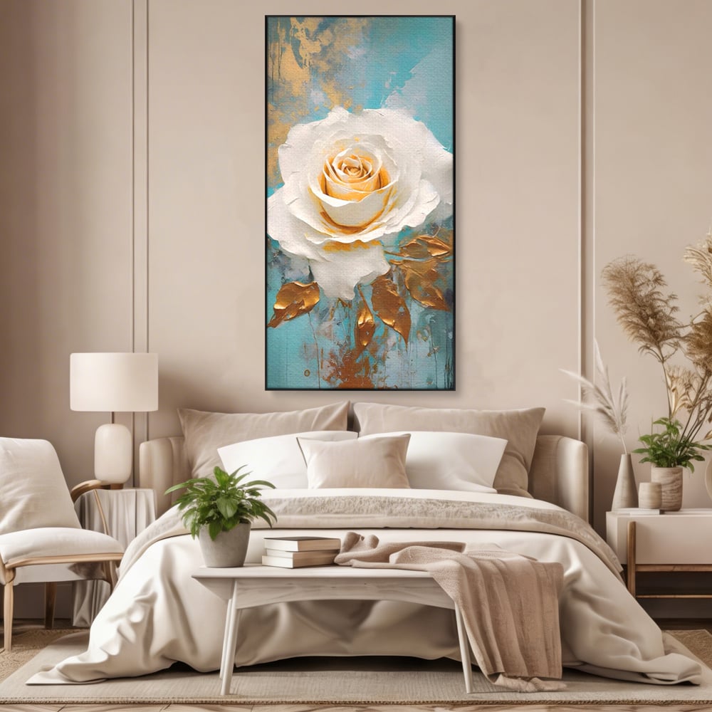 Tablou canvas cu tablou canvas cu trandafir alb, in rama de aluminiu negru, pe perete intr-un dormitor